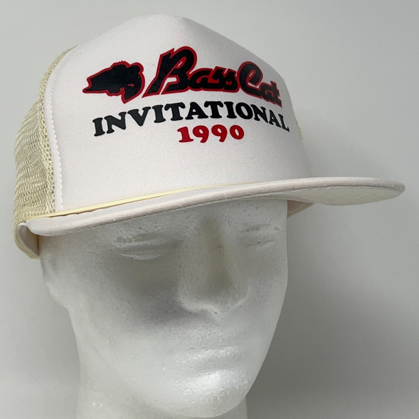 Vintage 80s Bass Cat 1990 Invitational Trucker Hat Baseball Cap Snapback White