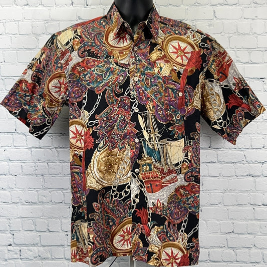Vintage 90s Pirate Ship Roulette Button Front Shirt Black Burma Bibas S Small
