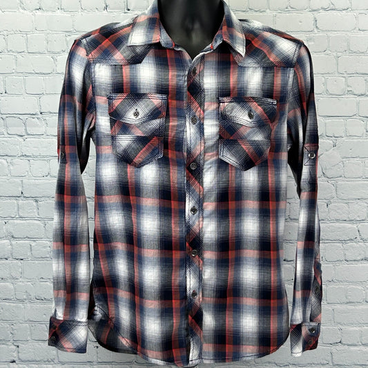 Rock & Republic Button Front Shirt Roll Tab Long Sleeve Plaid Red Mens S Small