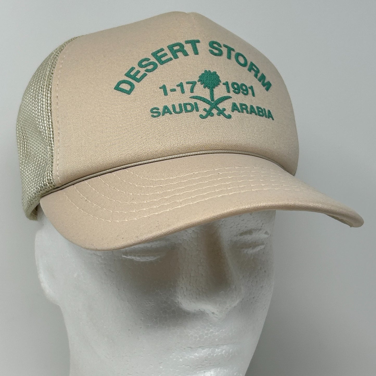 Vintage 90s Desert Storm Saudi Arabia Trucker Hat Baseball Cap Snapback Beige