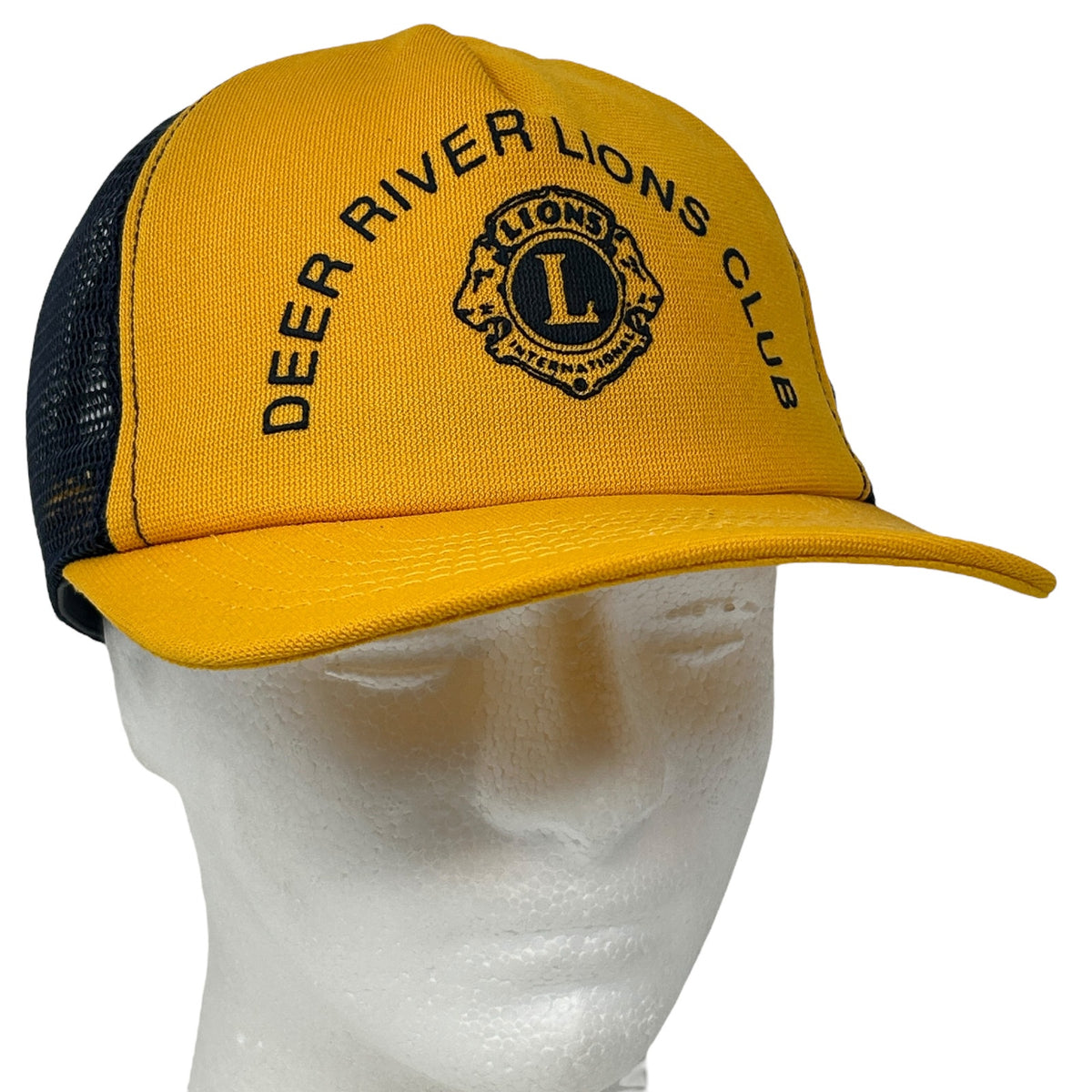 Vintage yellow Deer River Lions Club cap with black mesh back and embroidered logo on front