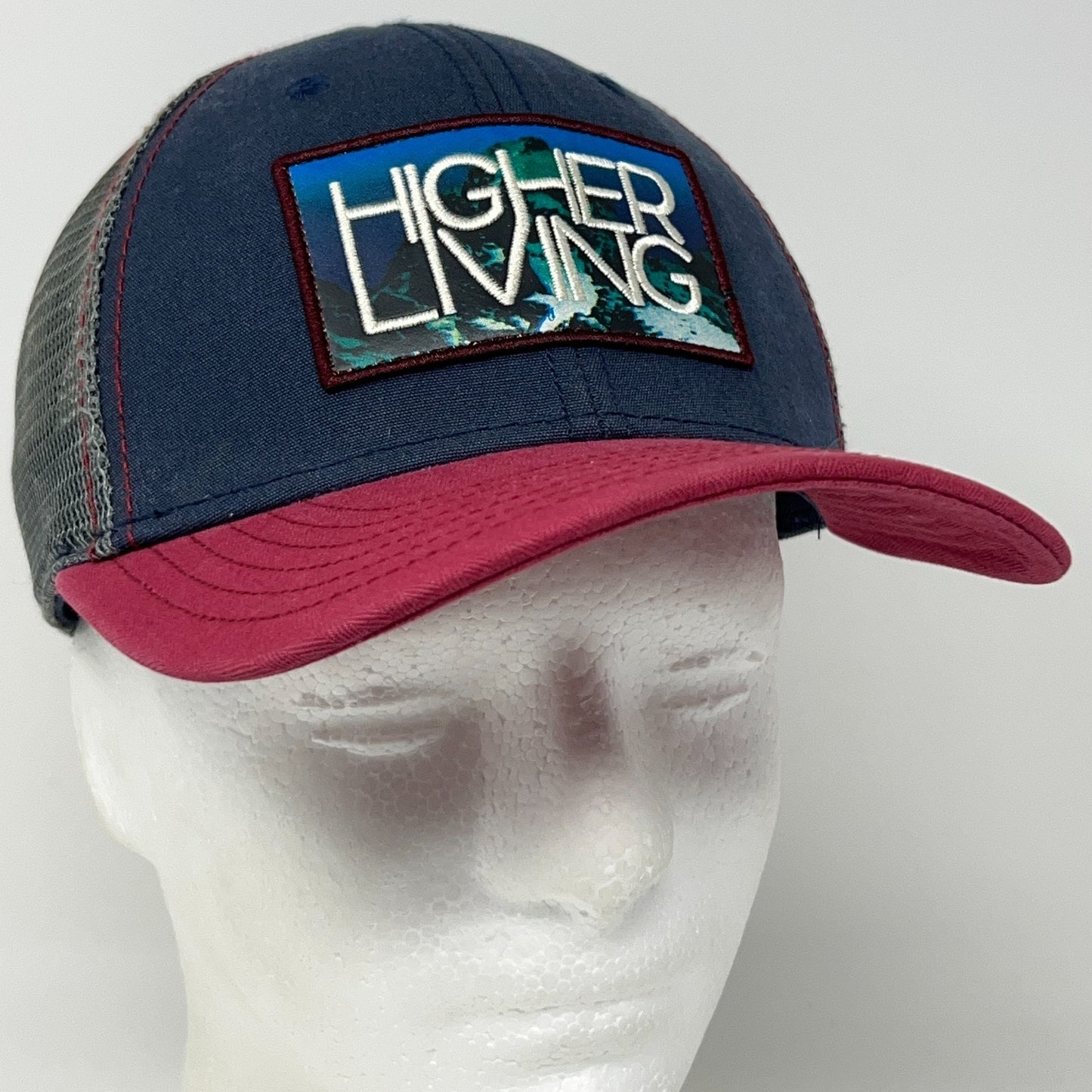 Higher Living Patch Trucker Hat Baseball Cap Prana 6 Panel Mesh Snapback Blue