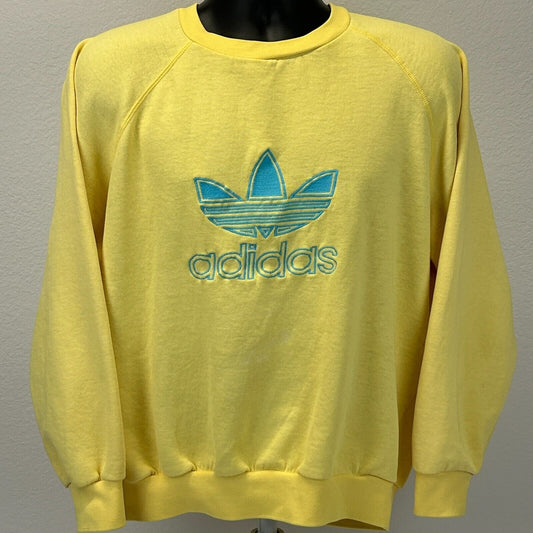 Vintage 90s Adidas Trefoil Sweatshirt Big Logo Spell Out Crew Yellow M Medium - Neon Vintage