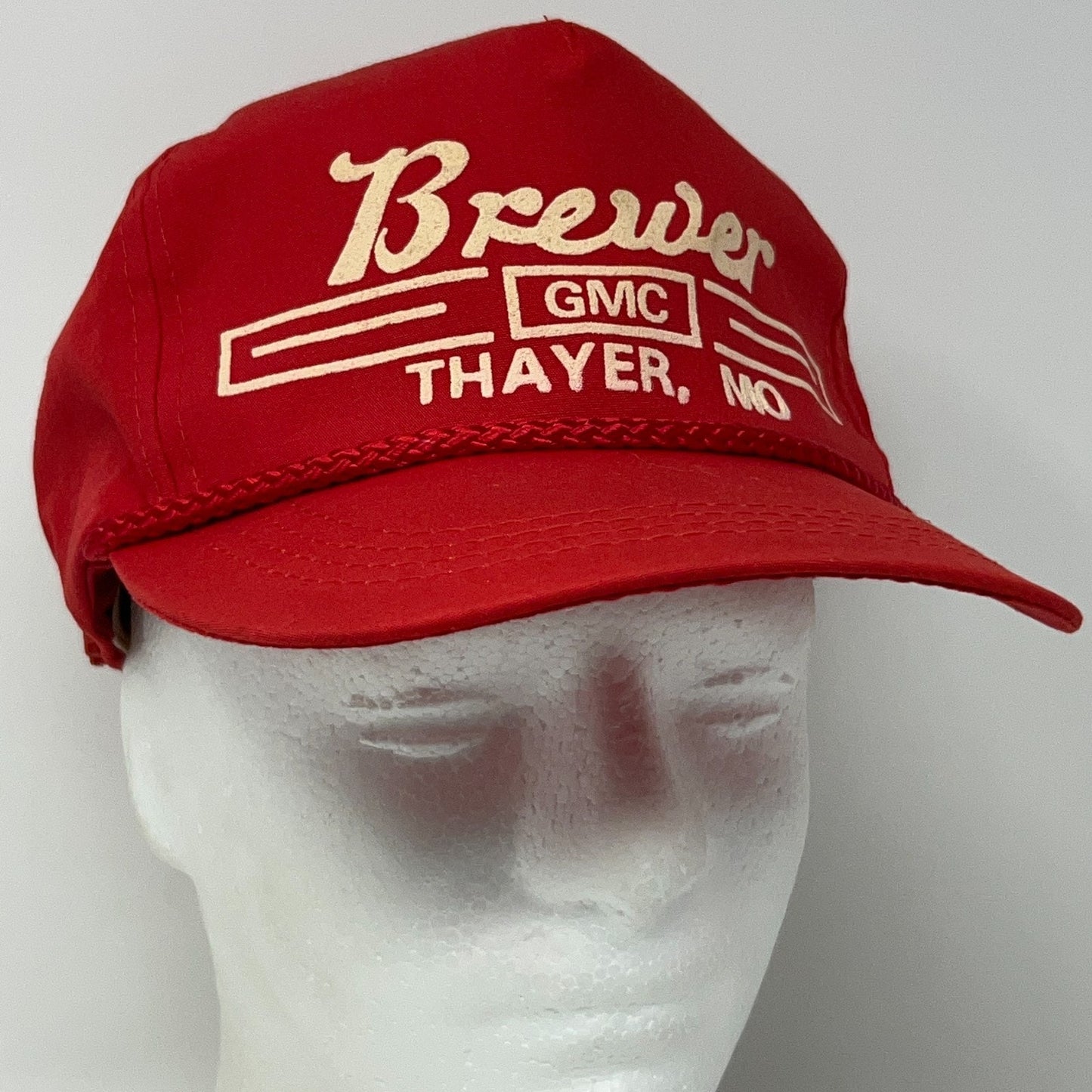 Vintage 80s Brewer GMC Thayer Missouri Hat Baseball Cap Rope Cord Strapback Red