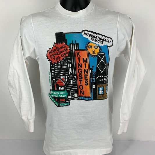 Vintage 80s Kingston Mines Chicago Blues Center T Shirt Mens XS X-Small LS White - Neon Vintage