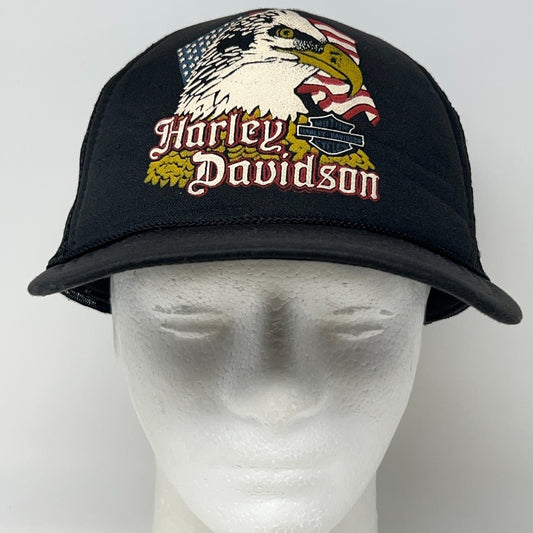 Vintage 80s Harley Davidson Trucker Hat Baseball Cap Eagle Flag Snapback Black