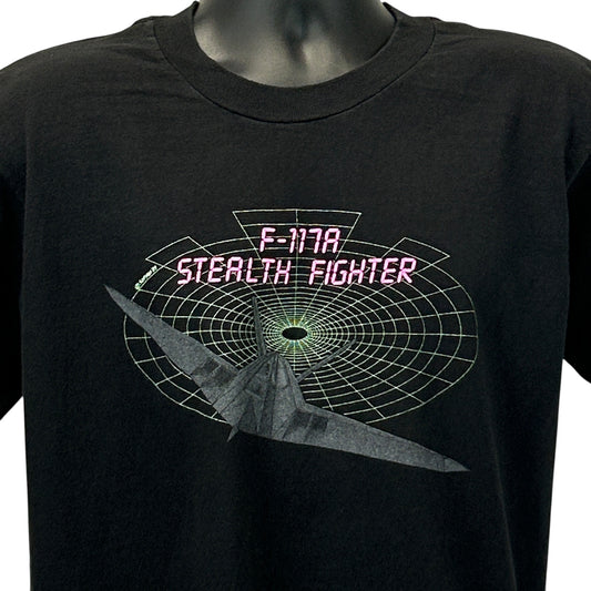 Black Vintage T-Shirt featuring F-117A Stealth Fighter graphic on the front in bright colors