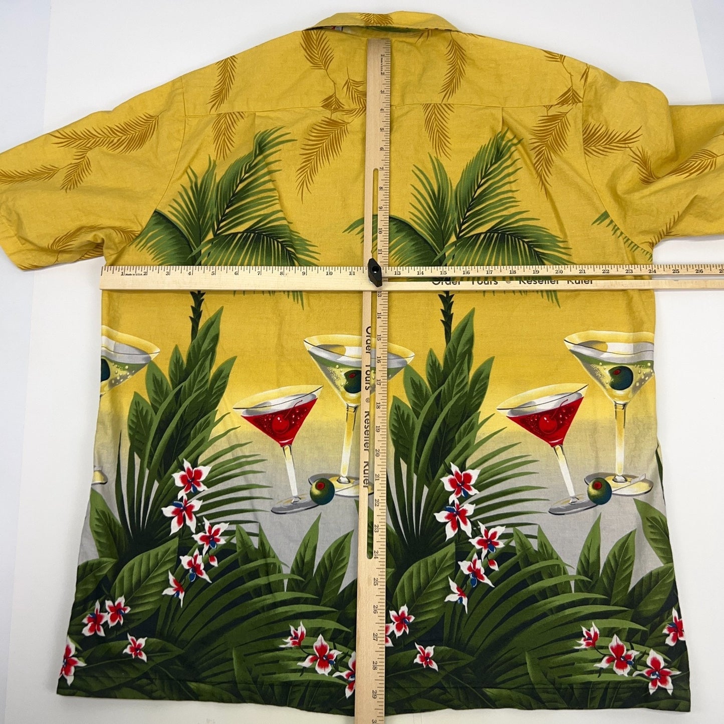 Vintage 90s Martini Cosmo Cocktails Hawaiian Button Front Shirt Yellow L Large