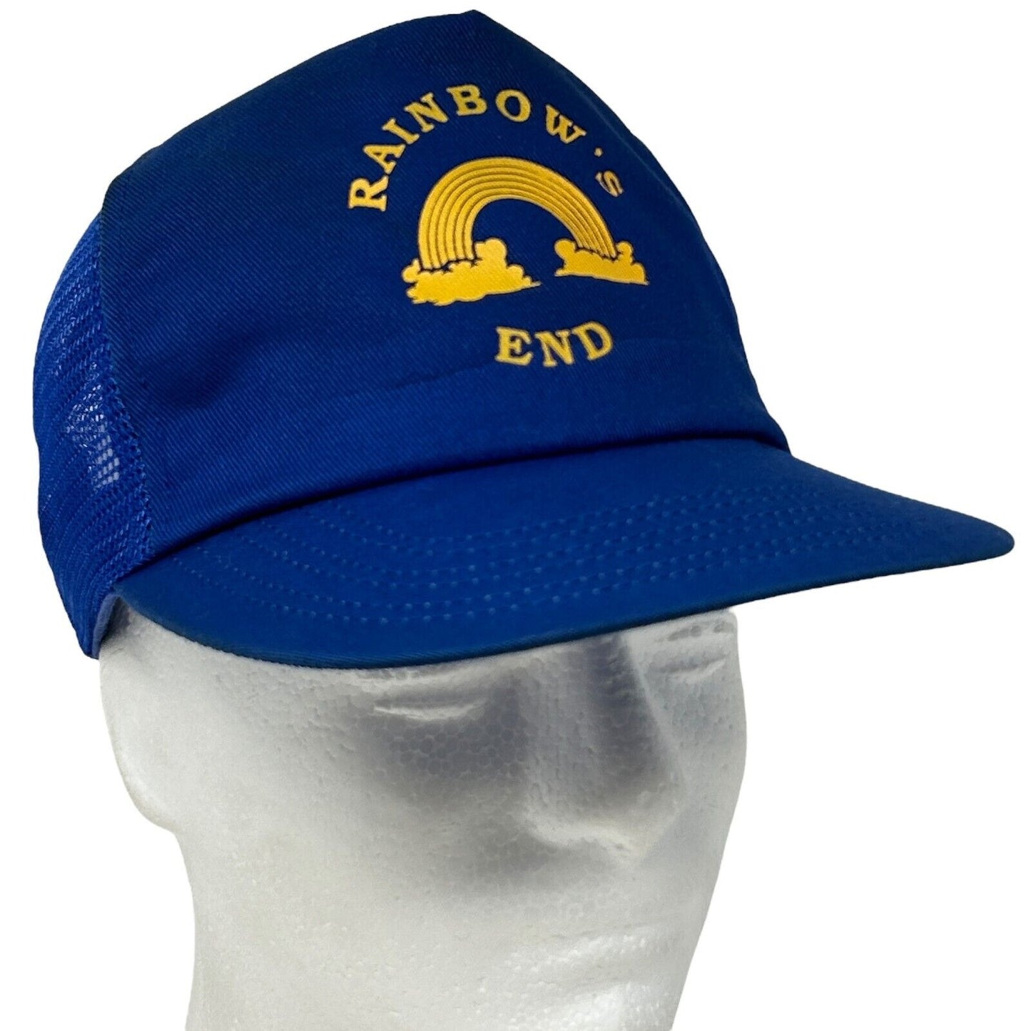 Vintage 80s Rainbows End Trucker Hat Baseball Cap Snapback Made In USA Blue