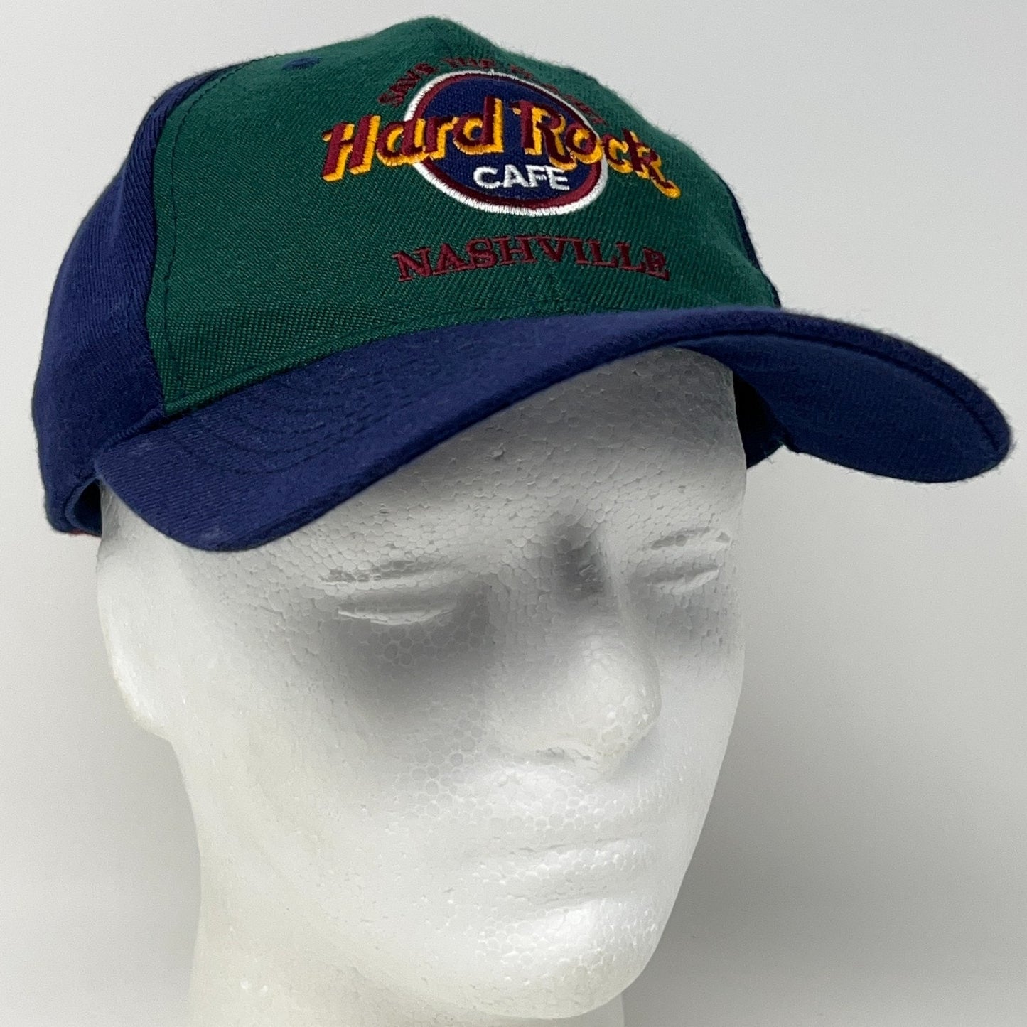 Hard Rock Cafe Vintage Hat in Green and Navy with Nashville Logo, Front View