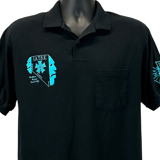 Anvil IATSE black polo shirt with turquoise logo on left chest and sleeve in a front view