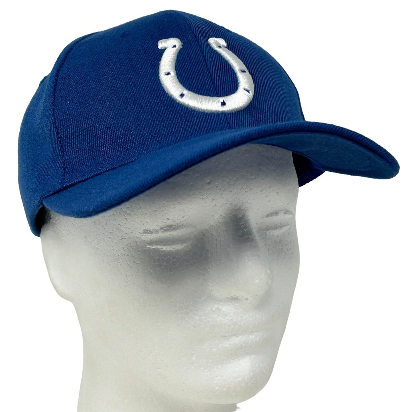 Front view of a blue Indianapolis Colts hat featuring an embroidered horseshoe logo