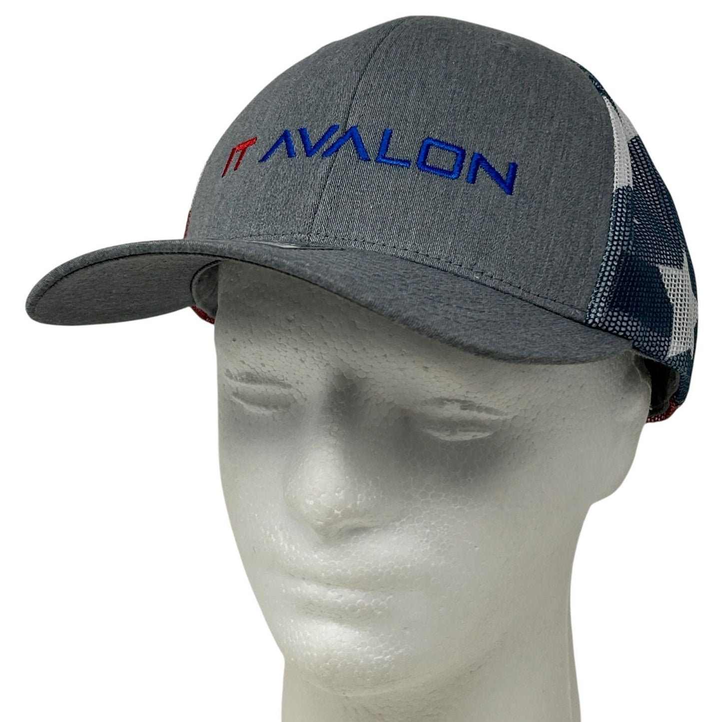 Gray Richardson IT Avalon Hat with Mesh Back, Front View, Features Bold Logo in Red and Blue