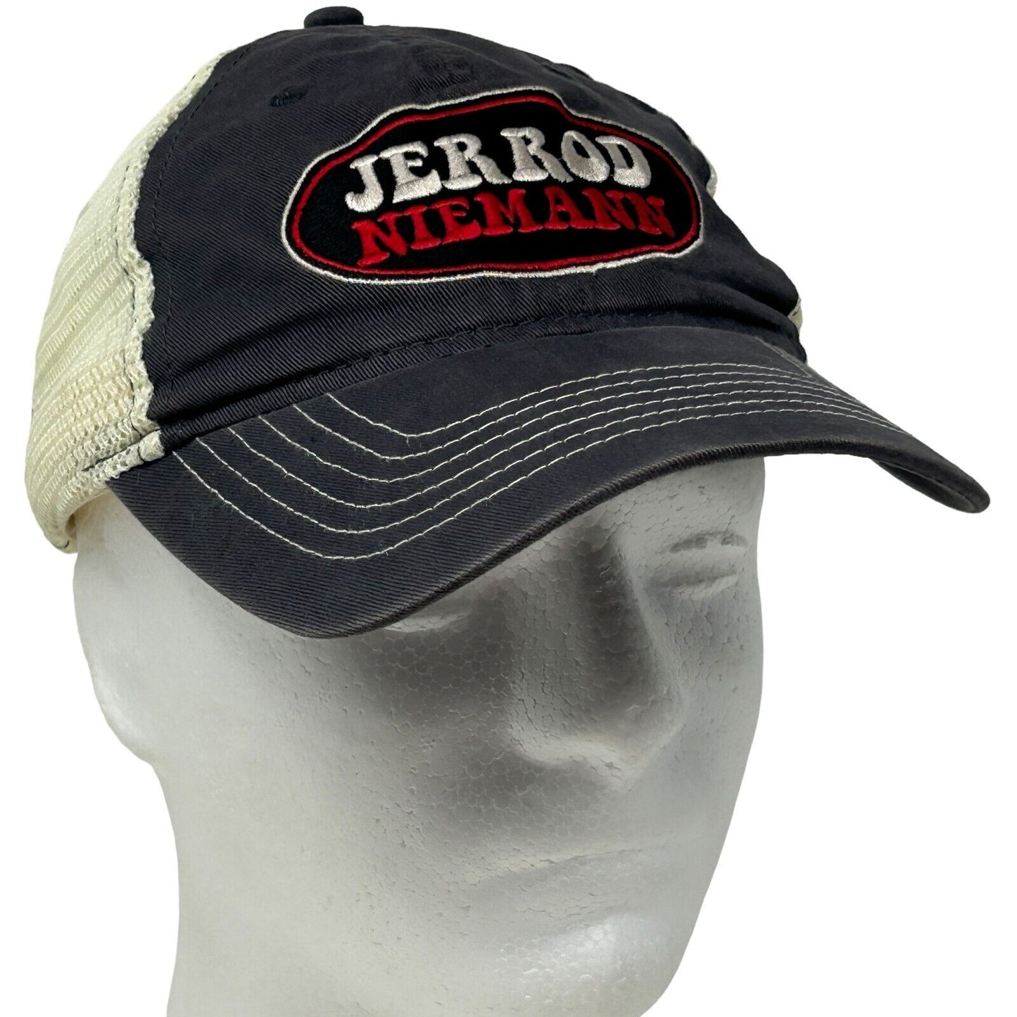 Front view of Zkapz Jerrod Niemann baseball hat in navy with mesh back and logo patch