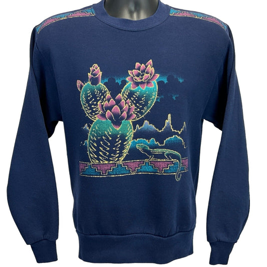 Sudadera vintage estilo suroeste con cactus y lagarto pequeño para hombre, fabricada en EE. UU., color azul