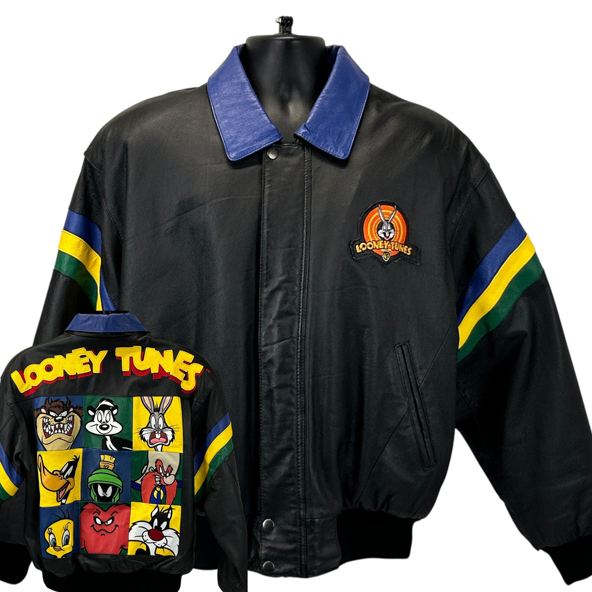 Looney Tunes black bomber jacket featuring colorful character patches and a logo on the front