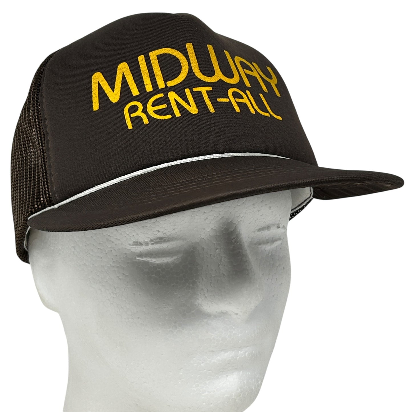 Vintage brown trucker hat with yellow Midway Rent All logo and mesh back for a retro style