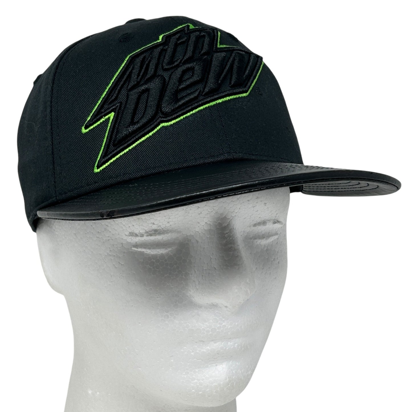 Black Mountain Dew snapback hat with embroidered logo on the front and flat brim for casual wear