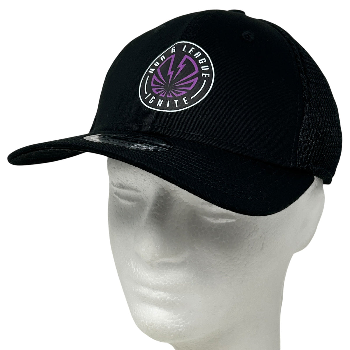 Black New Era NBA G League Ignite Trucker Hat with Purple Logo on Front