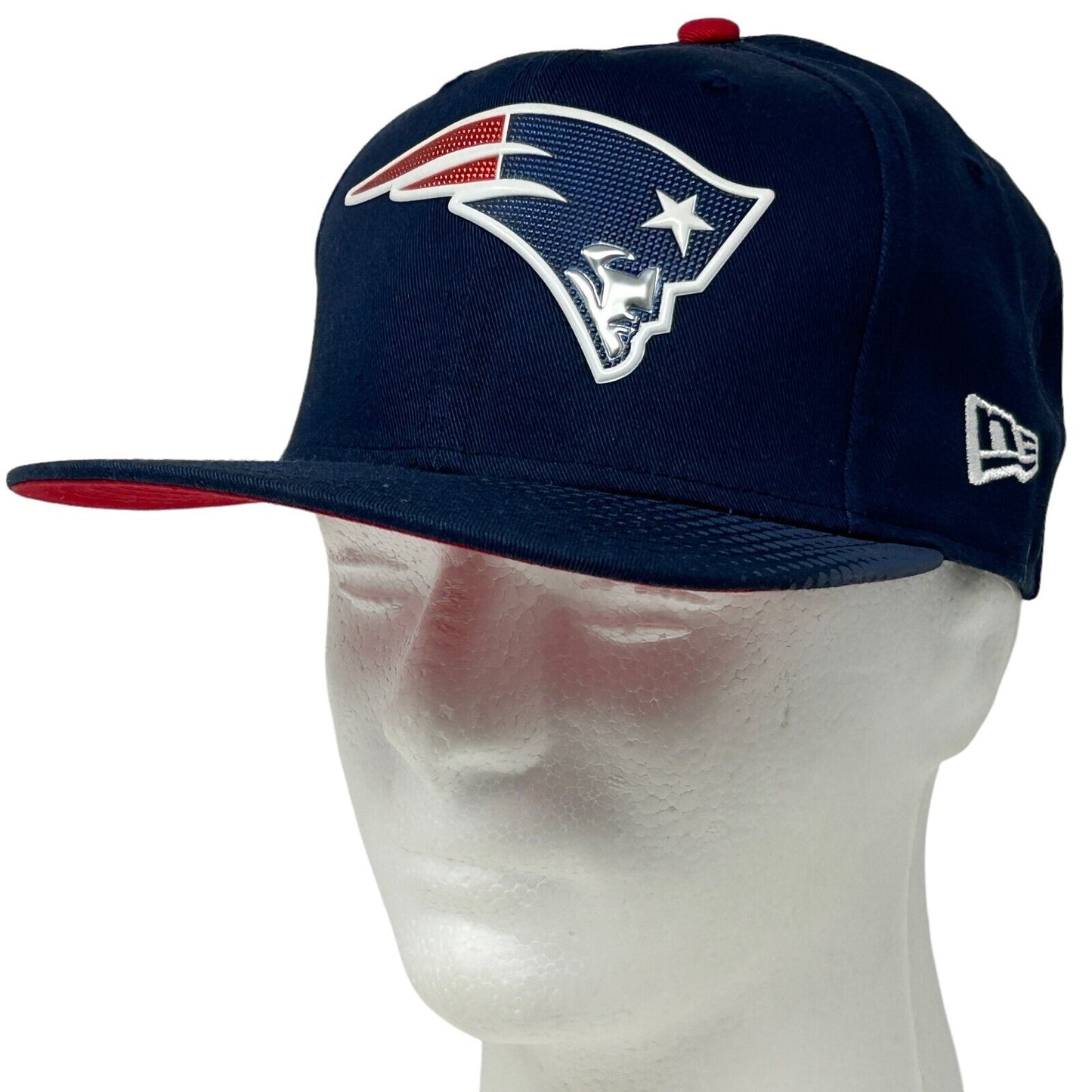 New Era New England Patriots Navy Blue Snapback Hat with Front Team Logo and Red Brim