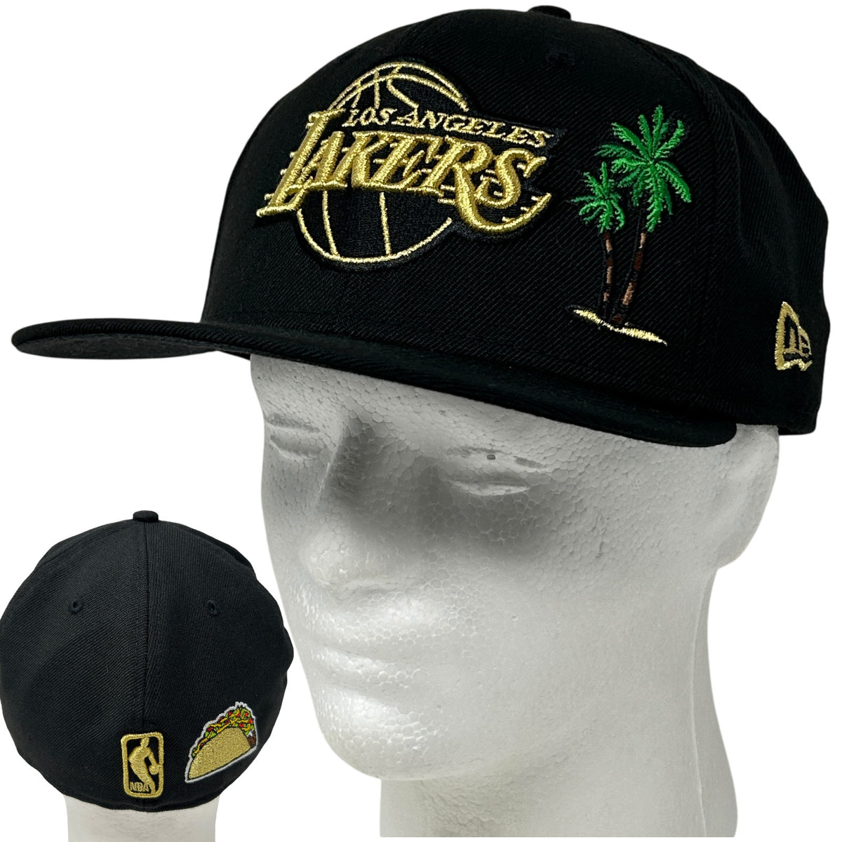 Black New Era Lakers Hat with Front Embroidered Logo and Palm Tree Detail