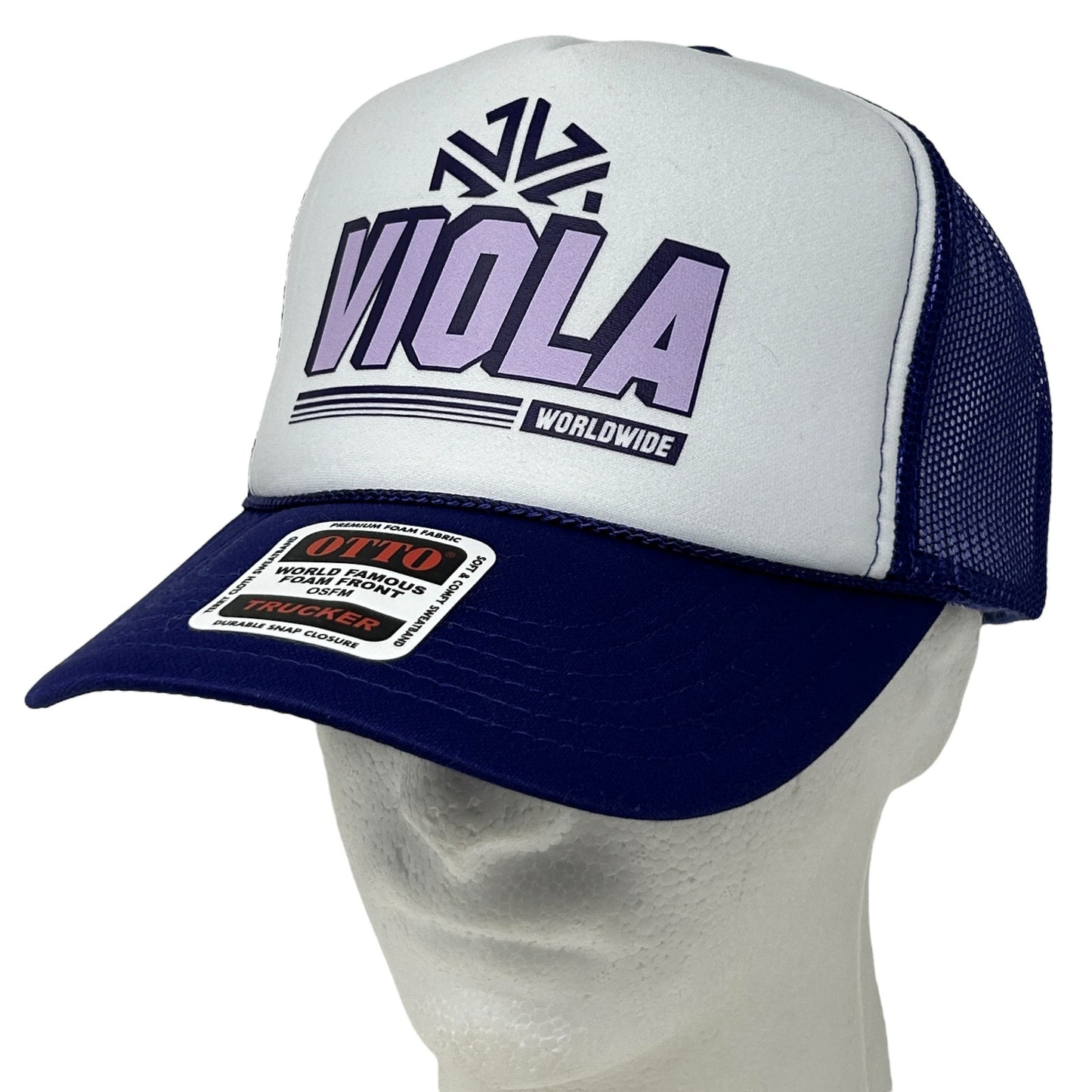 Otto Viola Brands Worldwide Trucker Hat in Blue and White with Front Logo on Classic Fit