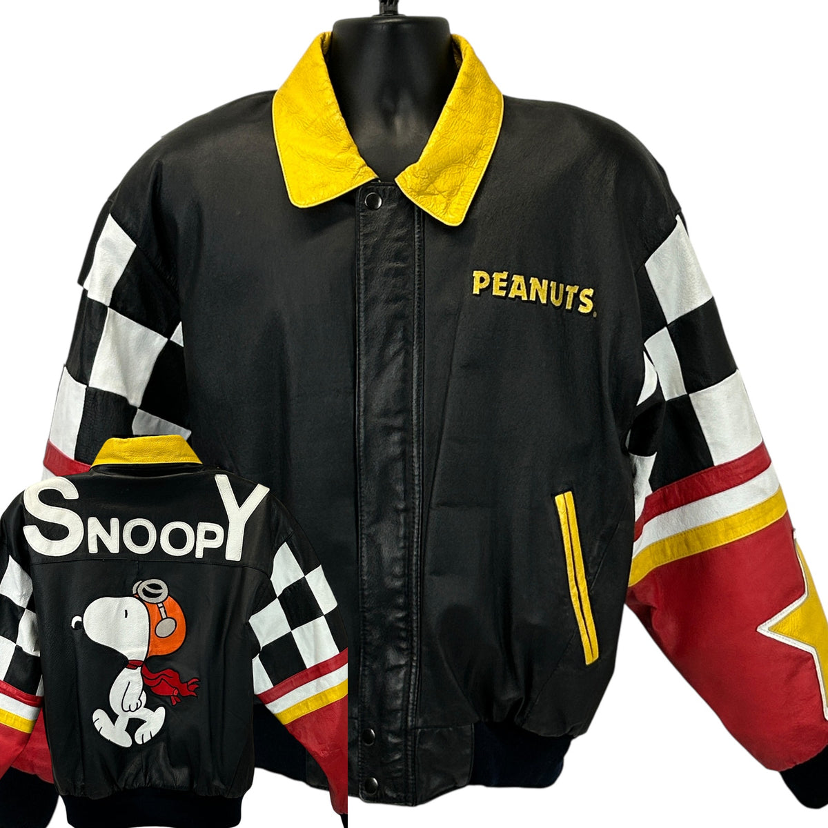 Excelled Snoopy Jacket in Black with Colorful Checkered Sleeves and 'Peanuts' Logo on Front
