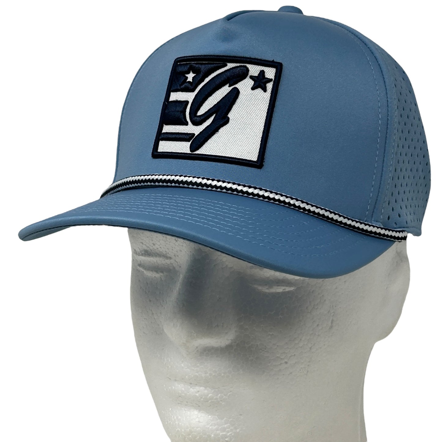 The Game blue baseball hat with mesh panels, front logo patch, and stylish trim for casual wear