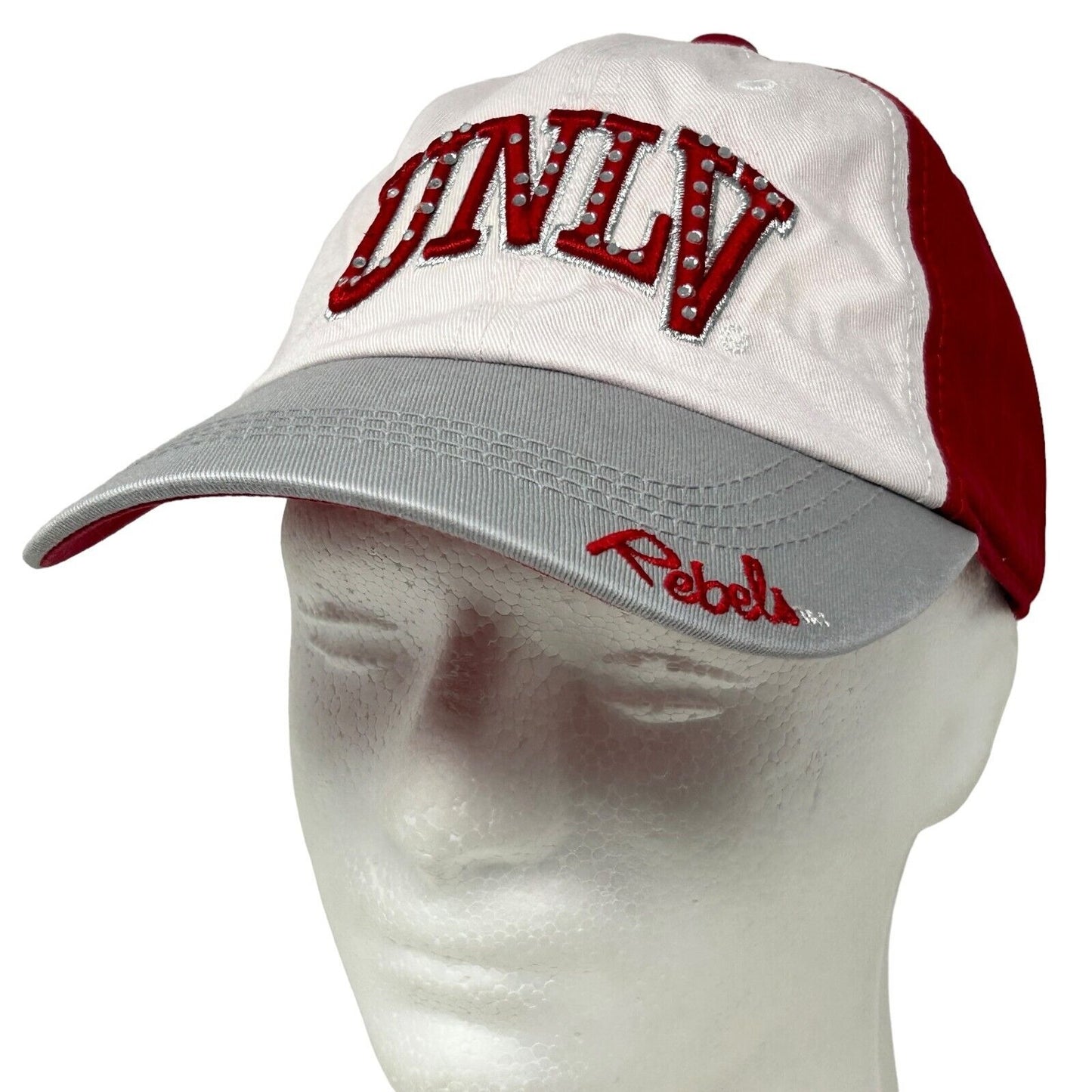 UNLV Red and White Cap with Rhinestones and Rebels Logo on Front, Adjustable Size