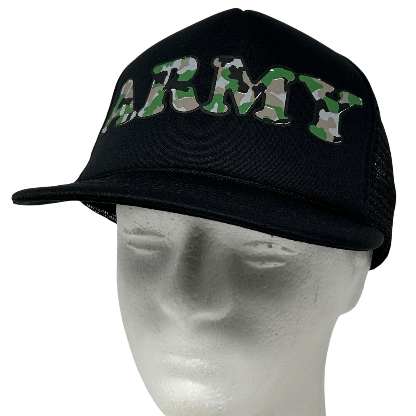 Vintage black cap featuring US Army in camouflage letters, front view with mesh back detailing