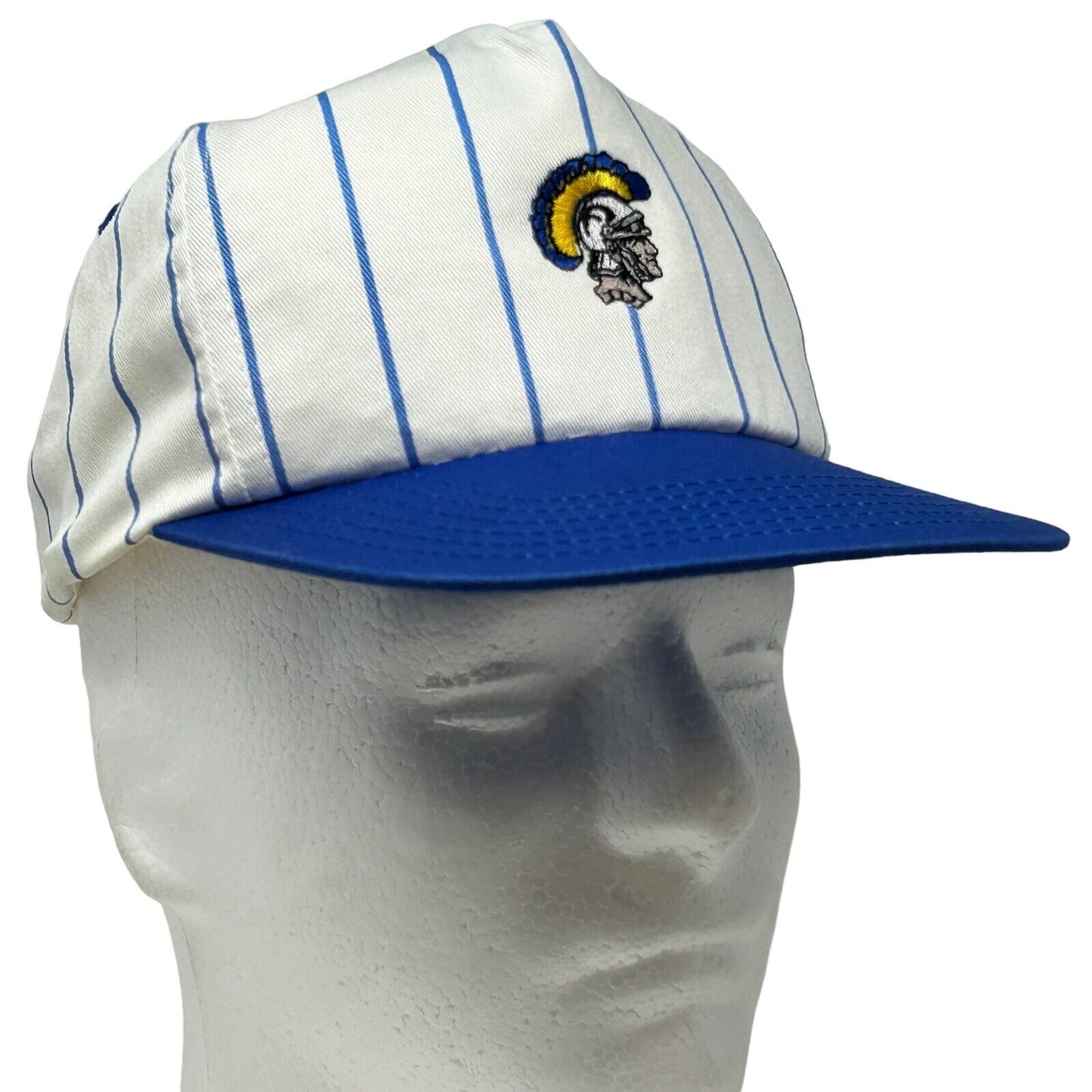 Vintage USC Trojans baseball cap in white with blue stripes, featuring embroidered logo on front