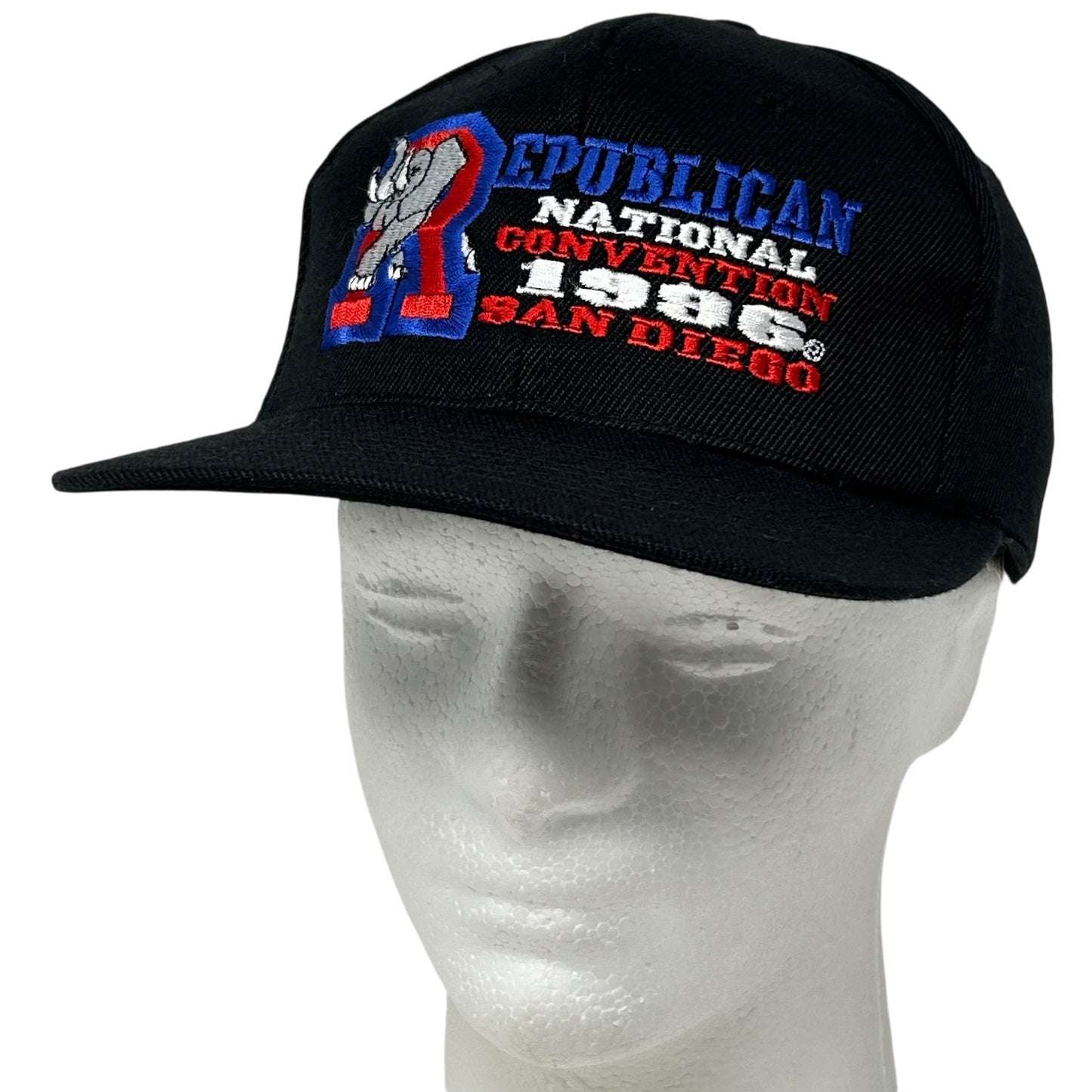Front view of a black Vintage Republican hat featuring embroidered text from the 1996 National Convention in San Diego