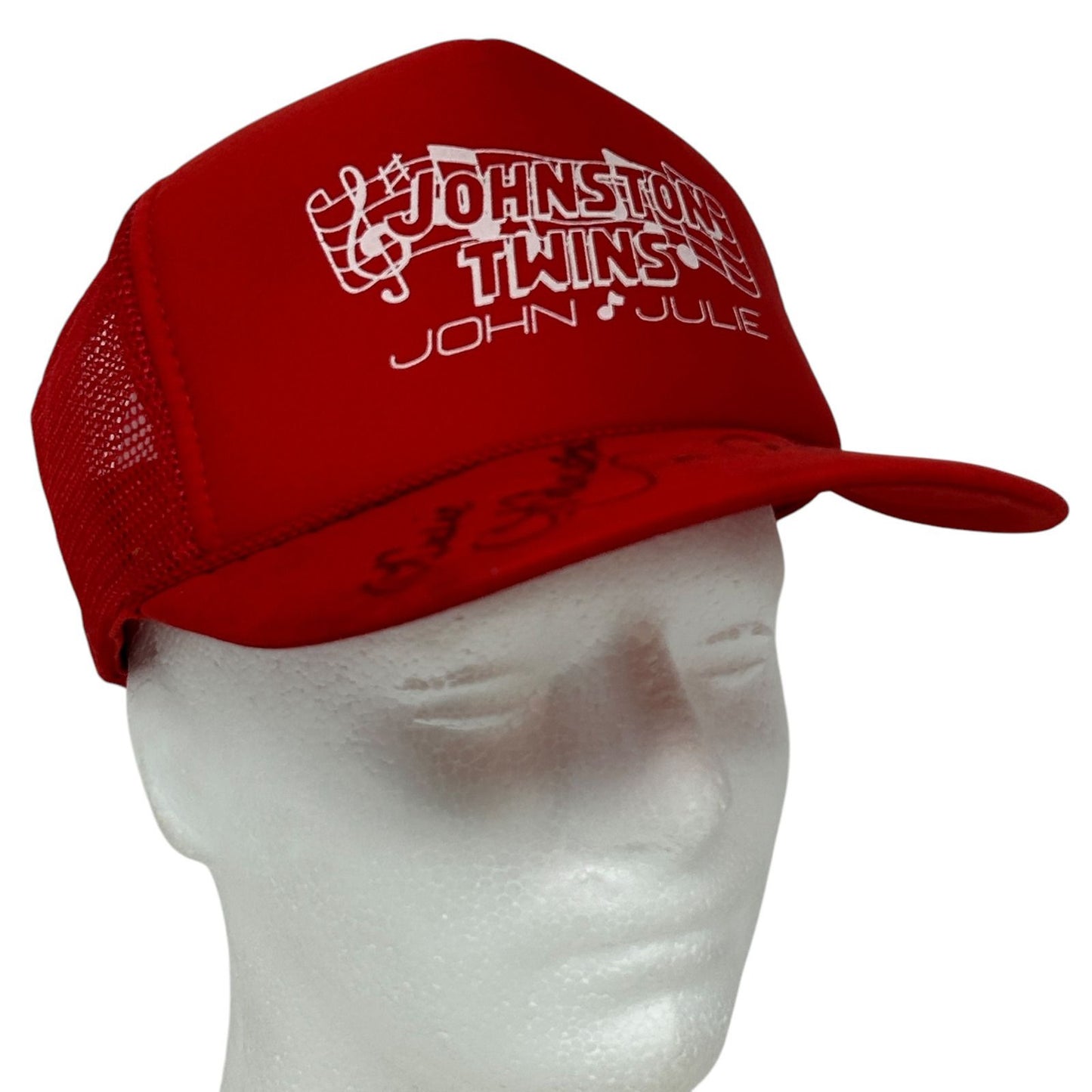 Vintage Johnston Twins John Julie Trucker Hat Baseball Cap Signed Snapback Red - Neon Vintage