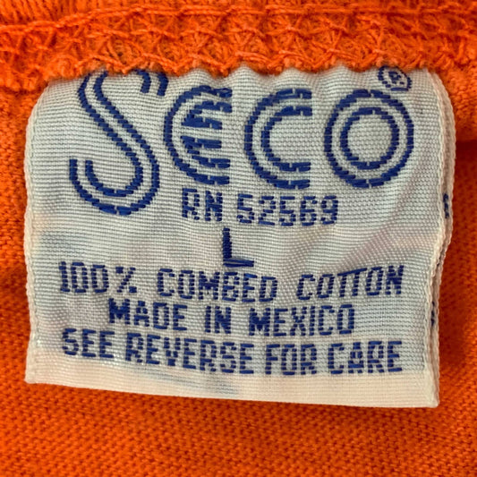Close-up of a vintage Seco t-shirt tag showcasing Seco T-Shirt Tag History from the 1980s
