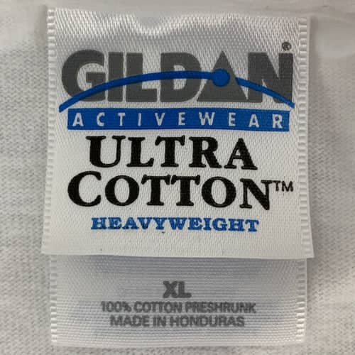 Gildan T-Shirt Tag History featuring an Ultra Cotton tag with heavyweight details for vintage apparel collectors