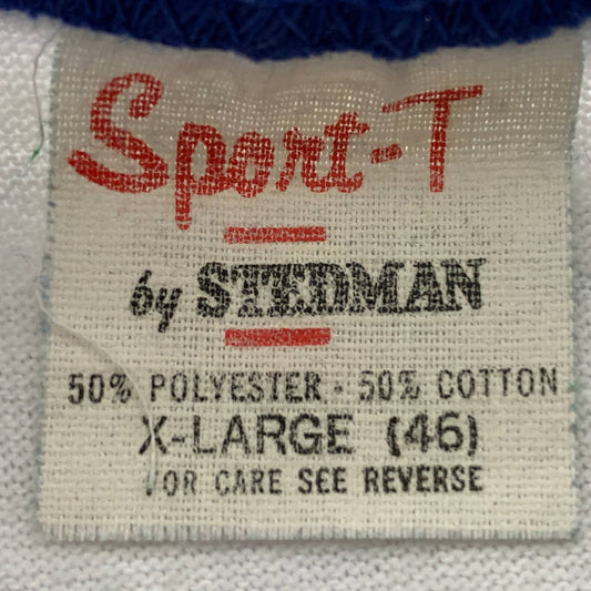 Close-up of a vintage Stedman t-shirt tag showcasing Stedman T-Shirt Tag History from the 1990s era