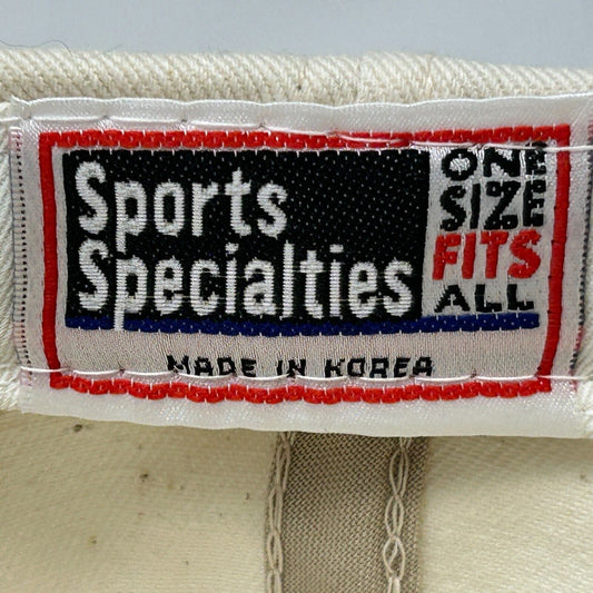 Detailed tag from Sports Specialties hat showcasing Misc Brands Hat Cap Tag History from the 1980s
