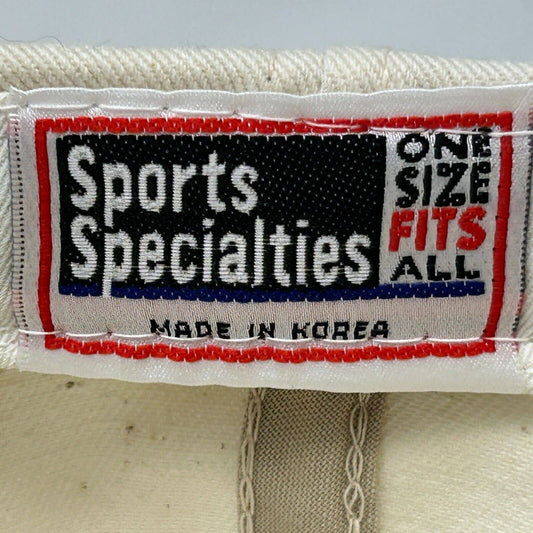 Detailed tag from Sports Specialties hat showcasing Misc Brands Hat Cap Tag History from the 1980s