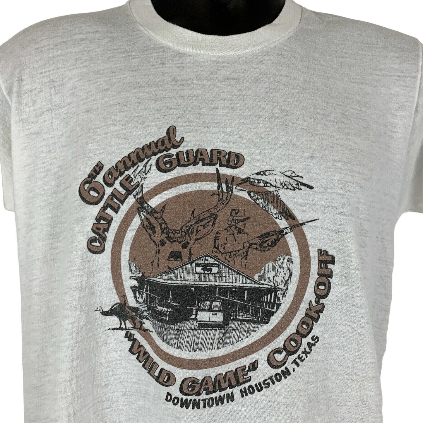 Camiseta vintage de los años 80 de Cattle Guard Wild Game Cook Off para hombre, talla mediana, Houston, color blanco