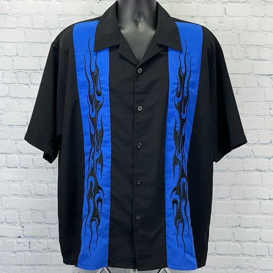 Vintage 90s MT:2 Flames Button Front Camp Shirt Fire Rockabilly Black XL X-Large