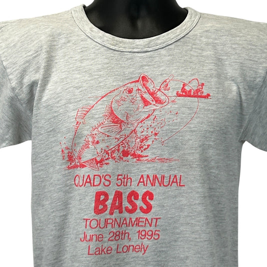 Vintage 90s Quads Bass Fishing Tournament T Shirt Lake Lonely NY Gray S Small