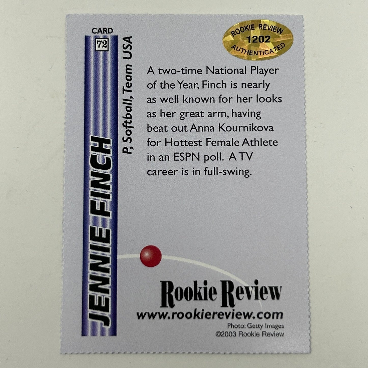 Jennie Finch Autographed Trading Card 2003 Rookie Review Signed Authenticated