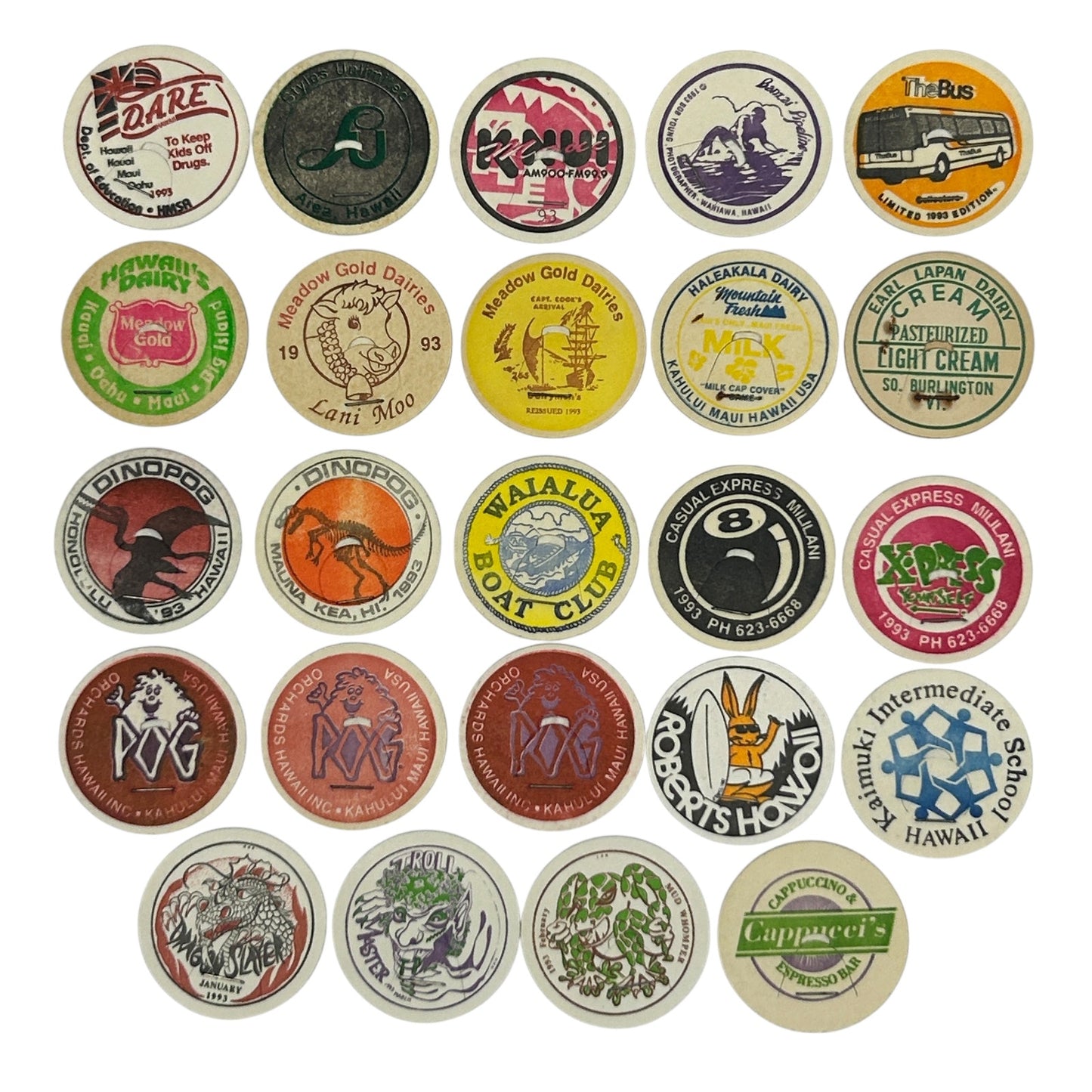 Lot of 24 Hawaii Milk Caps Pogs Vintage 90s Hawaiian Advertising Game 1993