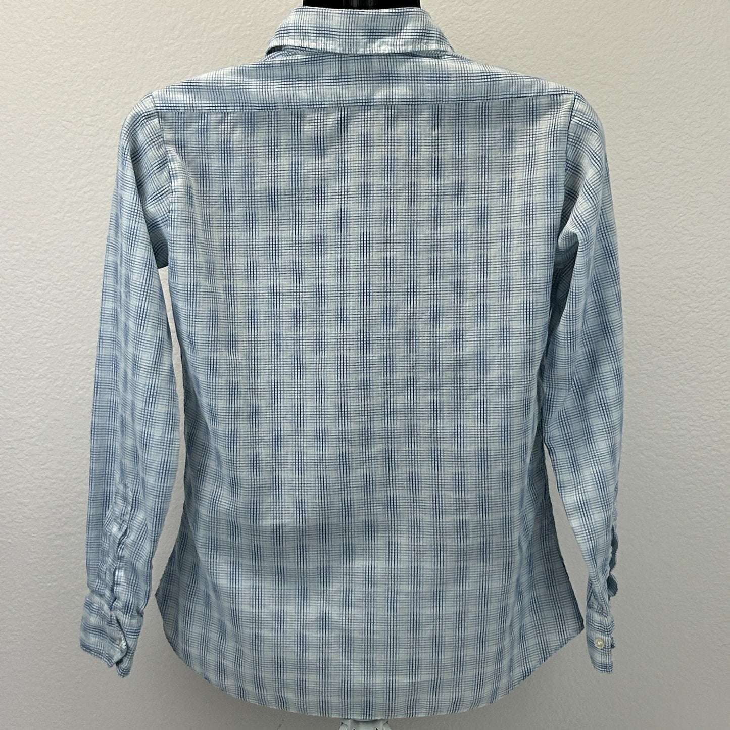 Vintage 70s 80s Button Front Shirt Big Collar Button Up Plaid Blue S Small