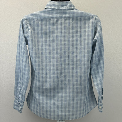 Vintage 70s 80s Button Front Shirt Big Collar Button Up Plaid Blue S Small