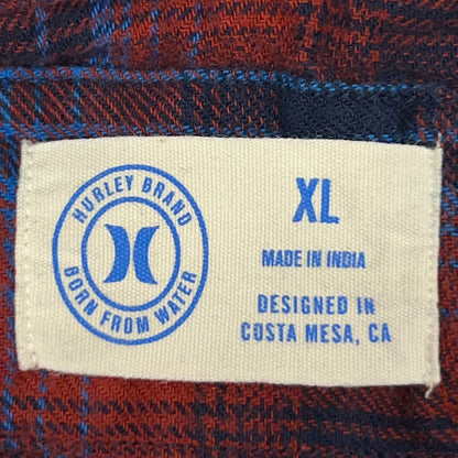 Hurley Flannel Shirt XL X-Large Red Blue Plaid Button Front Cotton Surfer Skater