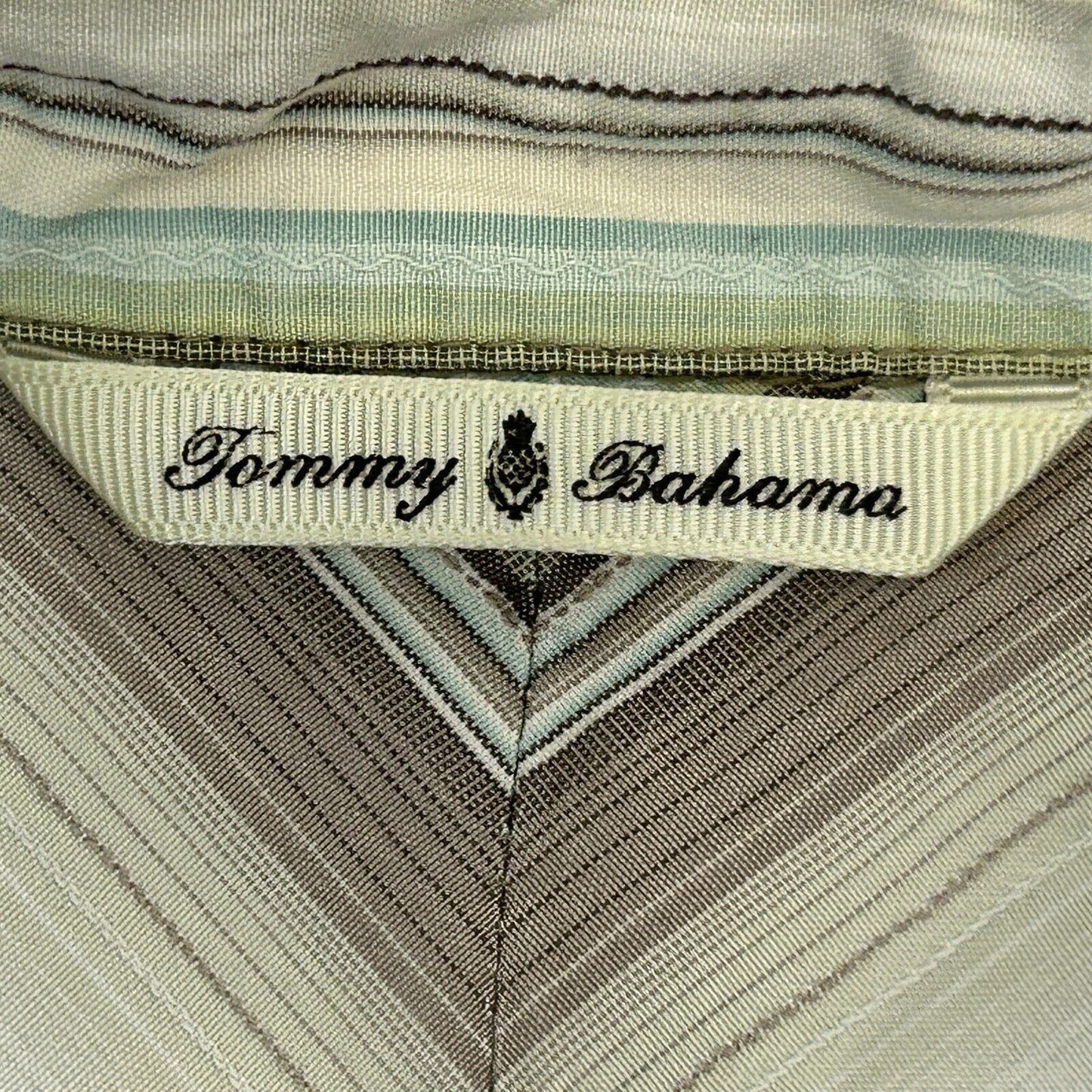 Tommy Bahama 丝绸条纹夏威夷纽扣前营衬衫米色大号