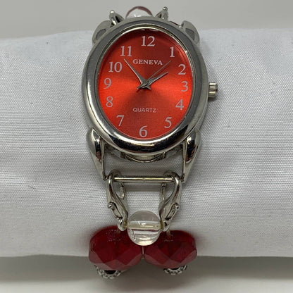 Reloj Geneva para mujer, pulsera con cuentas rojas, pulsera redonda de cuarzo, cierre analógico