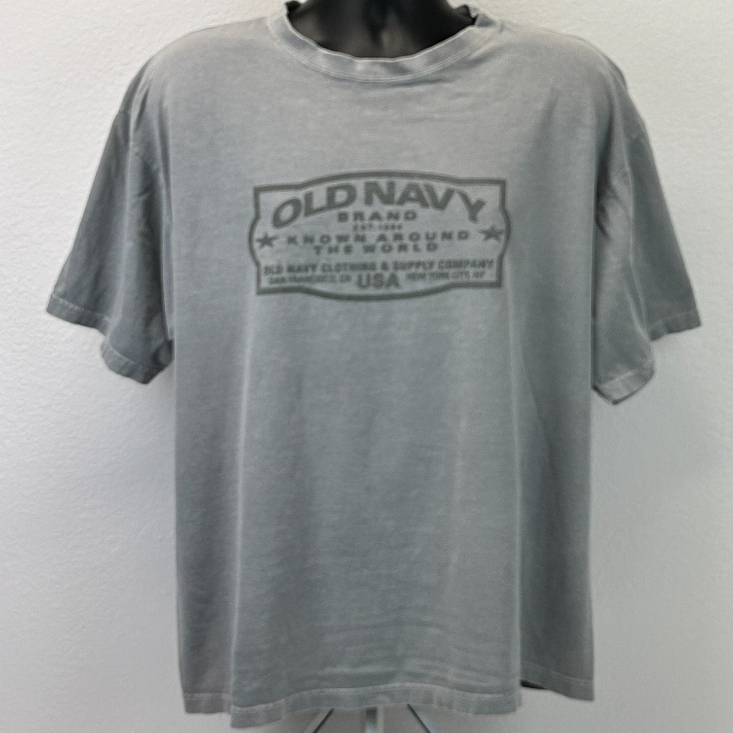 Vintage 90s Old Navy Brand T Shirt Made In USA Gray Graphic Tee Mens XL X-Large