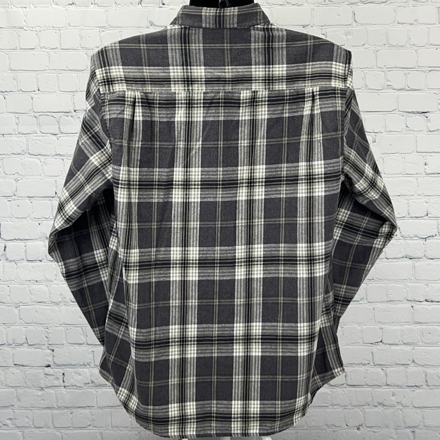 Weatherproof Vintage Flannel Shirt L Large Gray Black Plaid Button Front Cotton